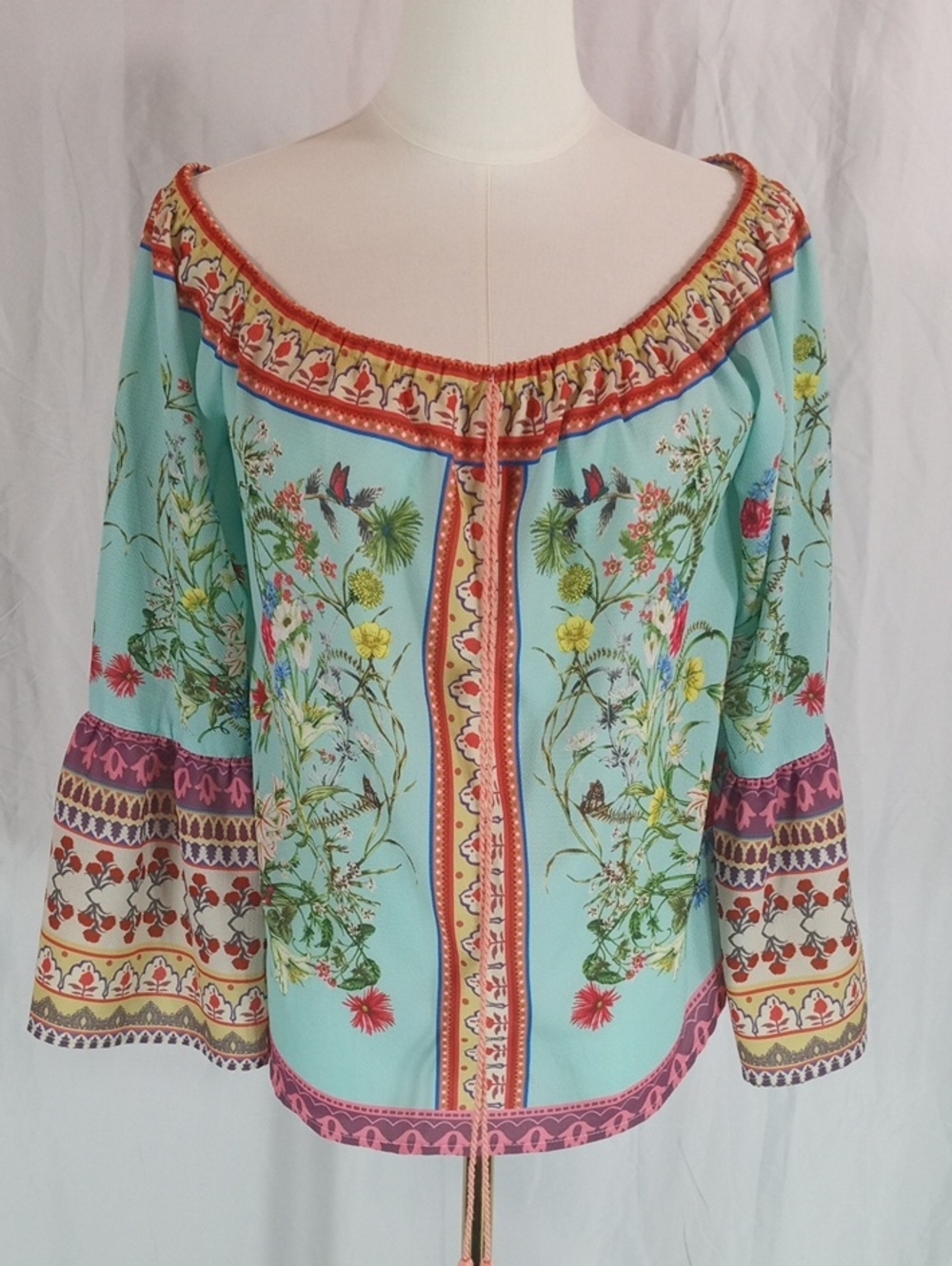 Umgee Aqua Floral Off-Shoulder Boho Top Size Small Bell Sleeve